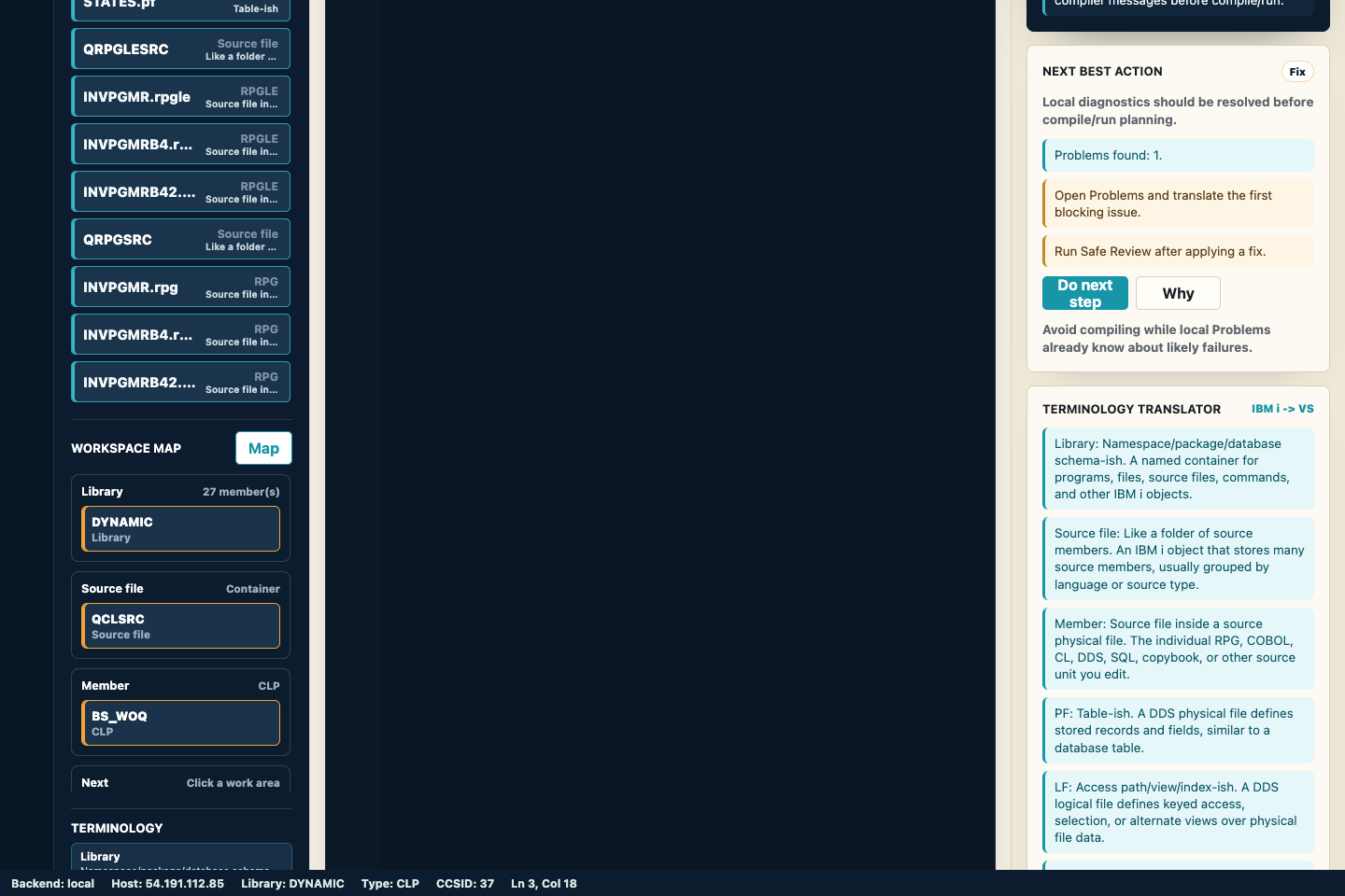 Workspace map of libraries, files, members, and calls